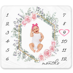 KEMINA BLANKETS milestone blanket shows floral eucalyptus and roses for timeless baby photo keepsakes.