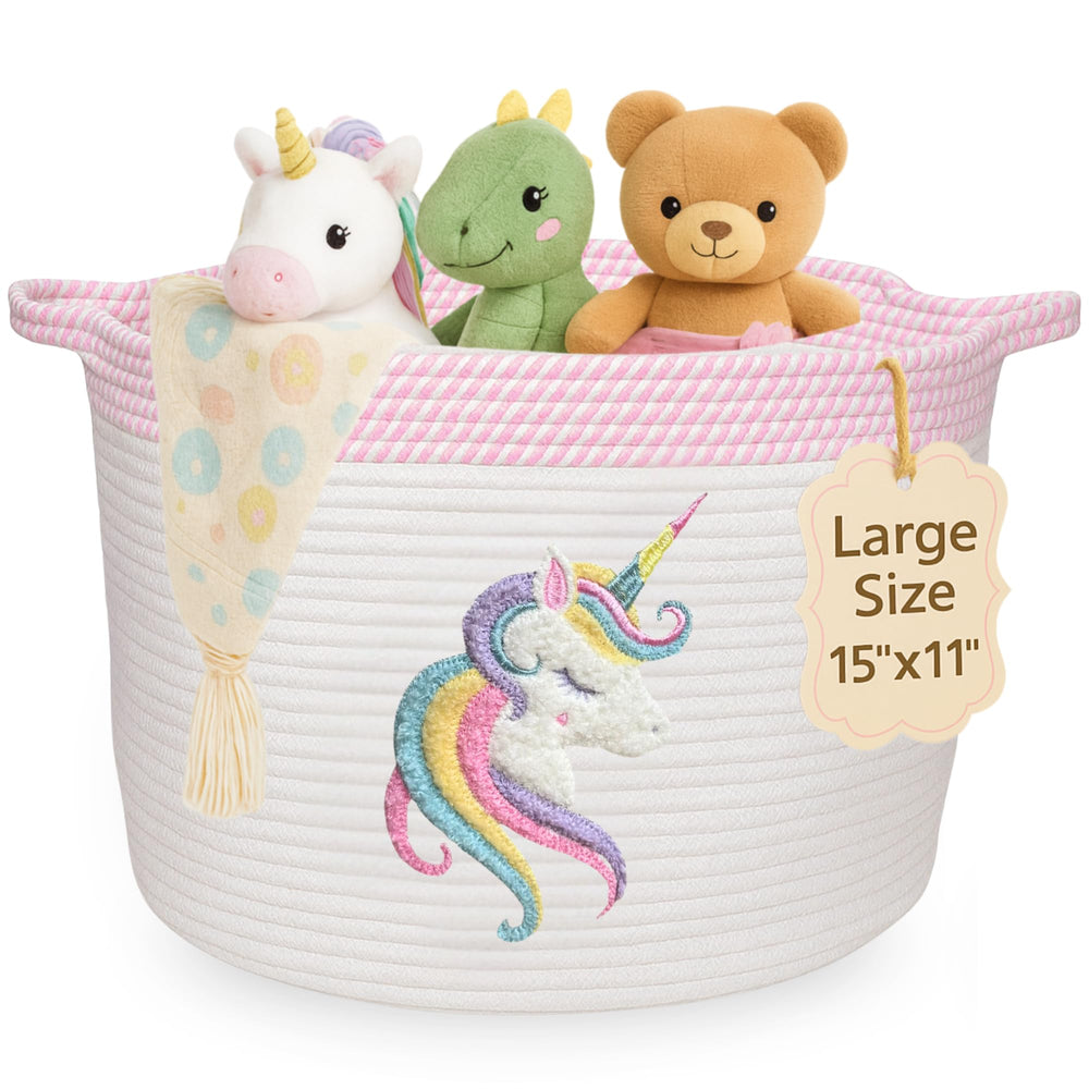 KEMINA unicorn-storage-basket-nursery-15x11 keeps toys neatly organized in nursery.