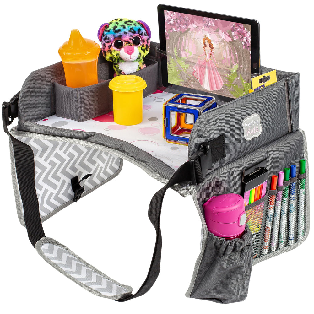 Kenley Kids Travel Tray car-seat setup with sturdy surface for snacks and activities.