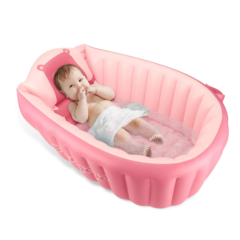 KENPUAZ inflatable baby bath tub pink setup shows portable travel bath time