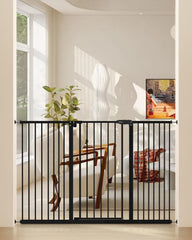 keny 36in extra tall gate on stairs provides a secure barrier for kids and pets.