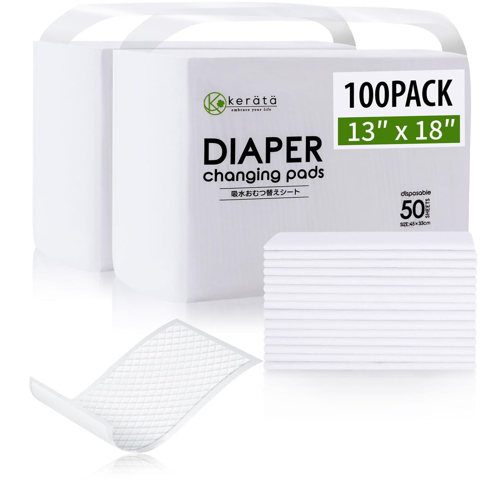 kerata disposable changing pads baby pack shows full 100-count package for on-the-go diaper changes