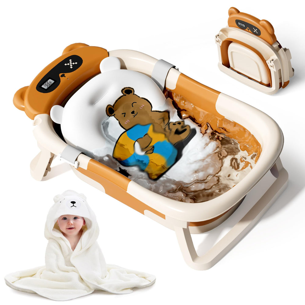 Kerbwry collapsible baby bathtub folded for space-saving storage and travel use.