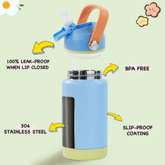 Kerilyn kids water bottle sky lid rotate demonstrates 180-degree spill-free lid