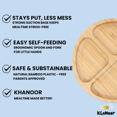 KhaNoor bamboo toddler bowl with suction base prevents tipping during self-feeding.