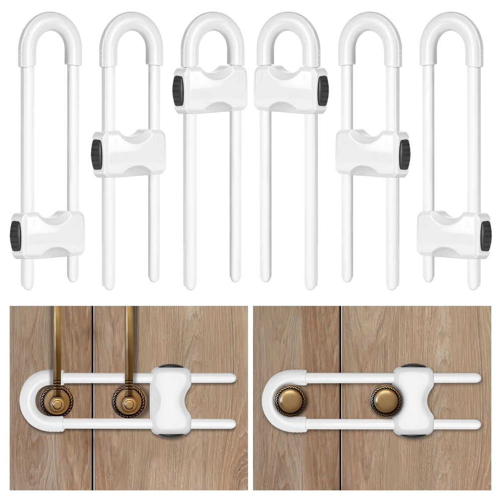 Kickic cabinet locks secured on cabinet handles showing multipurpose protection for families.