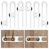 Kickic cabinet locks secured on cabinet handles showing multipurpose protection for families.