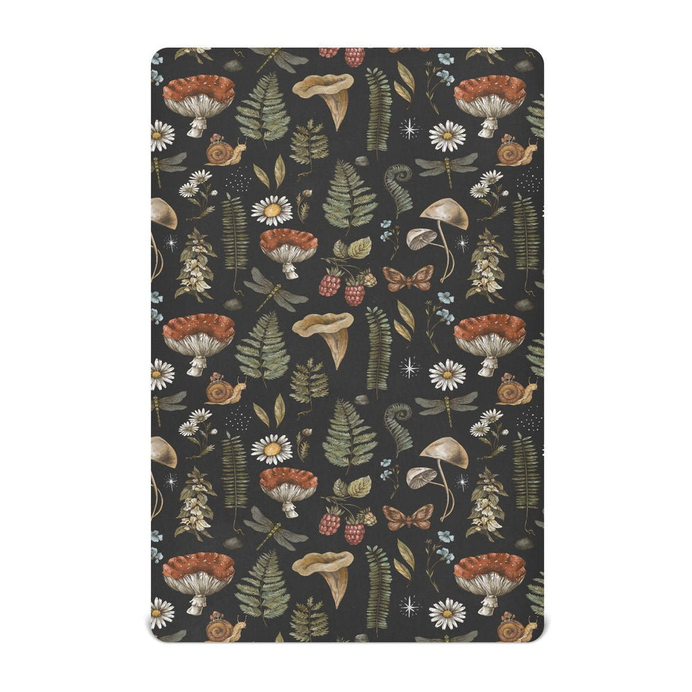 KICPOAY Vintage Mushroom Forest playard sheet closeup, showcasing soft fabric and snug elastic.