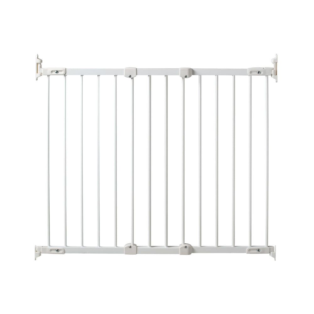 KidCo angle-mount safeway gate installed on top stairs in white for uneven walls.