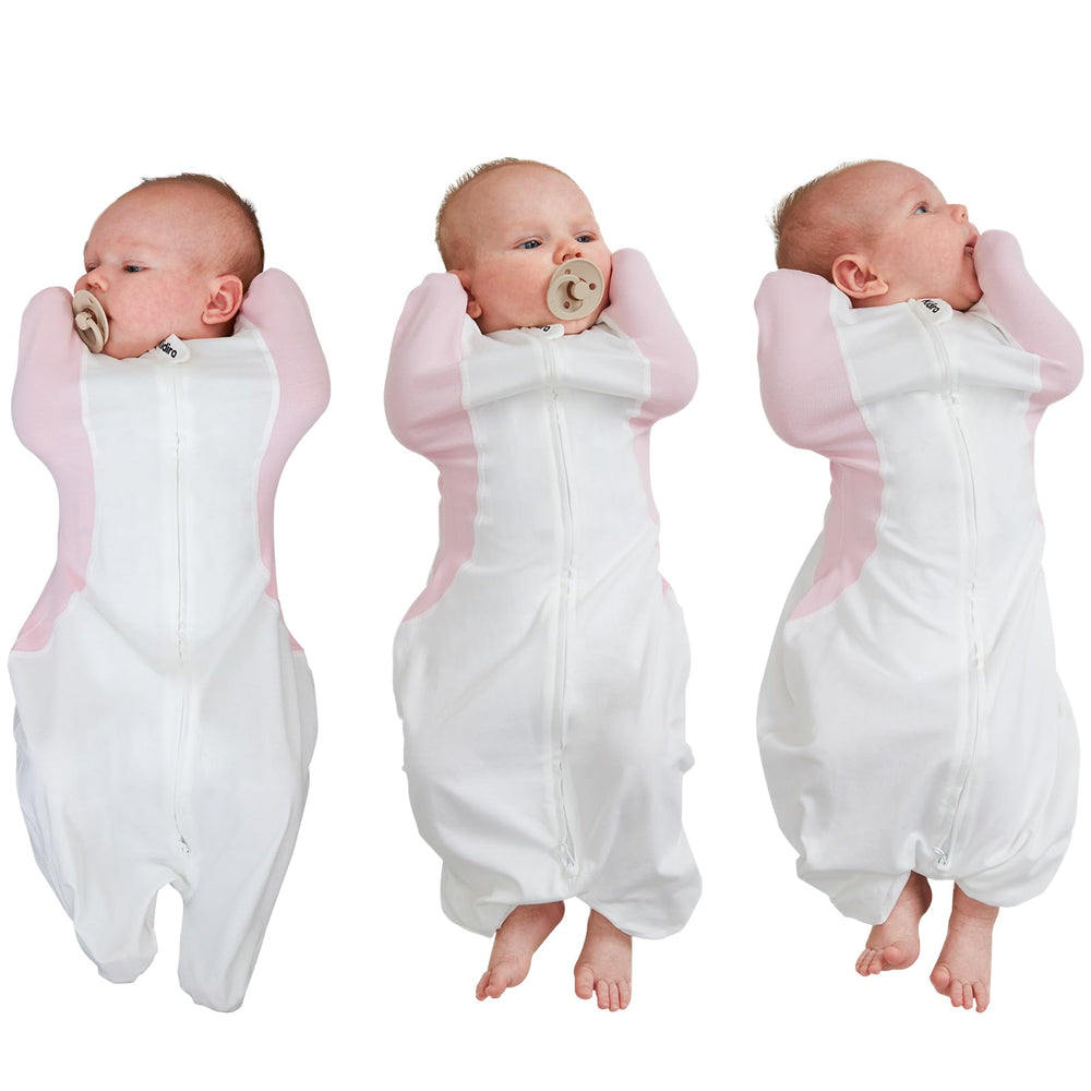 KIDIRA arm-up swaddle demonstrates arms-up pose for self-soothing and restful sleep.