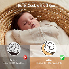 KIDIRA swaddle foot-buttons demonstrate adjustable coverage to prevent overheating and fit longer torsos.