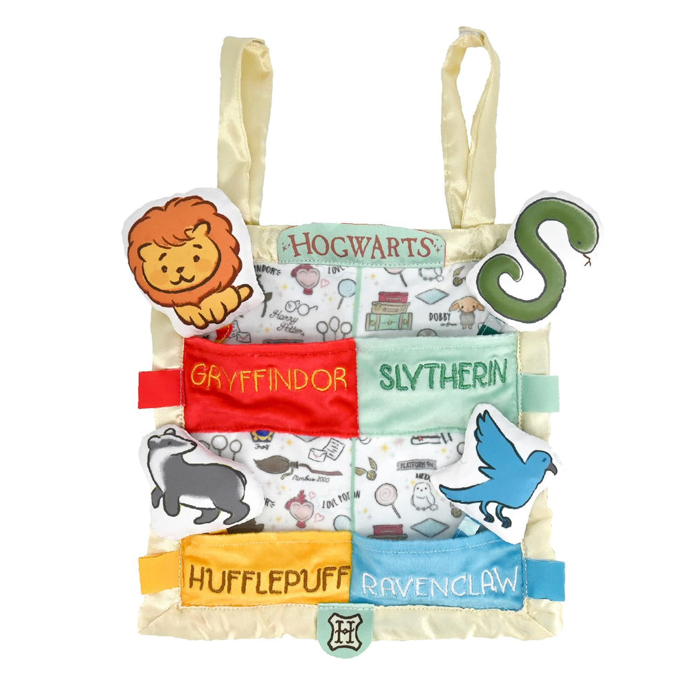 Kids Preferred Hogwarts House peek-a-boo blanket close-up textured fabrics for sensory exploration.