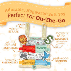 Kids Preferred Hogwarts House peek-a-boo blanket crinkle sounds enhance baby curiosity during play.