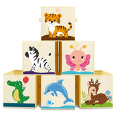 Kigley six-pack collapsible cube storage bins with animal design for toy organization