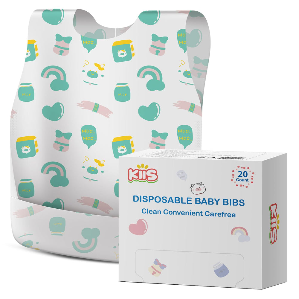 KIIS disposable baby bibs travel edition green cow for mess-free meals on the go
