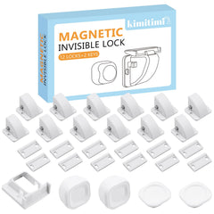 Kimitimi 12-pack magnetic cabinet locks sit inside cabinets for discreet child safety.
