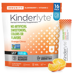 KinderLyte immunity hydration orange citrus packet poured into a glass for quick hydration