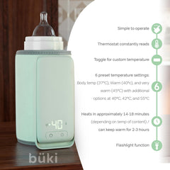 KinderSense Büki 6-temperature settings image highlights precise milk warming options for different needs.