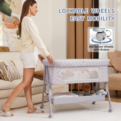 Kiniew bassinet bedside sleeper wheels brake grey facilitates baby proximity and stable placement.