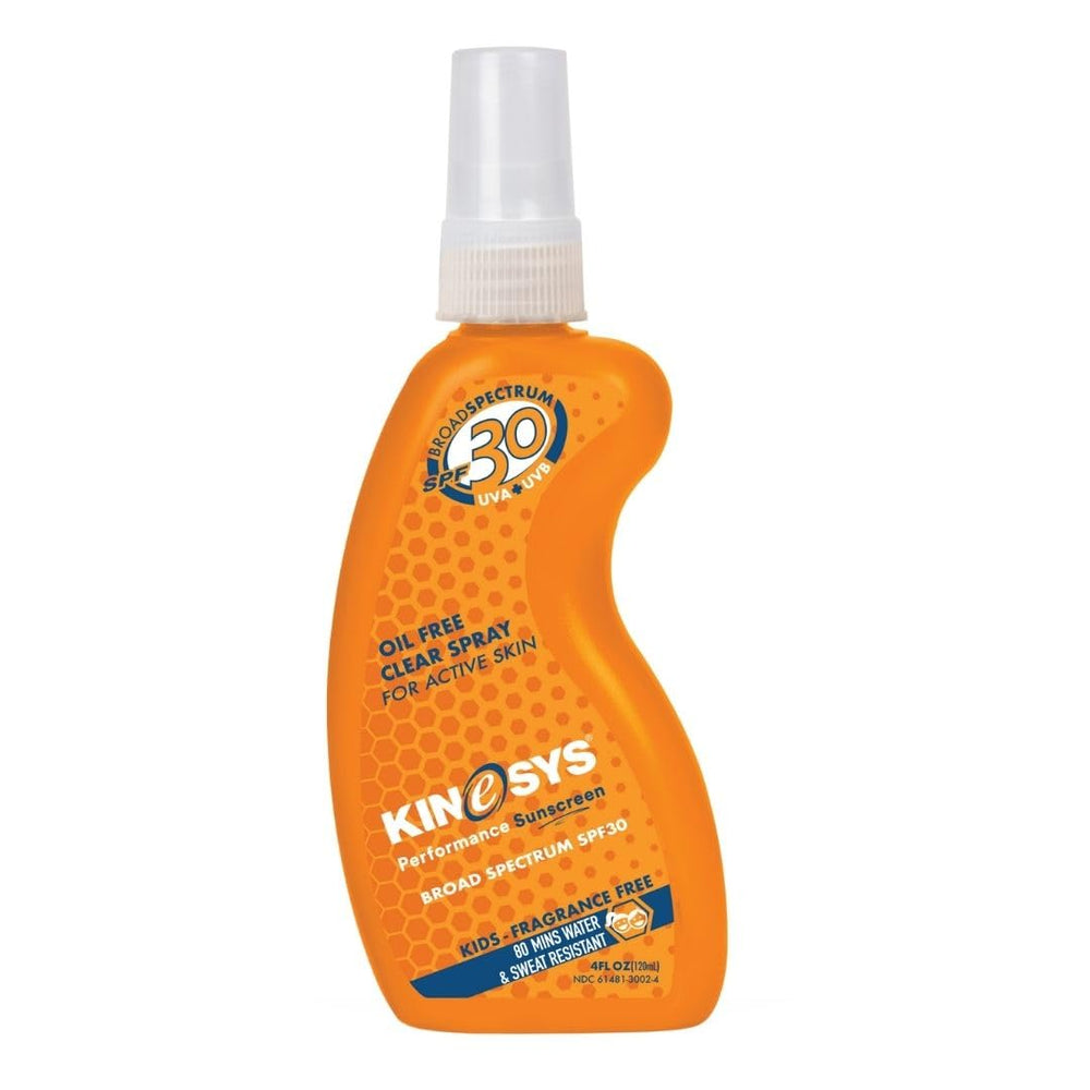 KINeSYS SPF30 Kids fragrance-free bottle demonstrates easy, non-greasy sun protection for sensitive skin.
