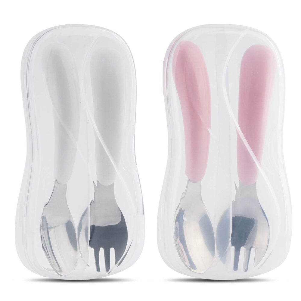 Kirecoo toddler utensils 2-pack in white and pink for easy self-feeding