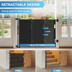 KISKIZ doorway retractable gate closed, showcasing one-hand operation at the doorway.