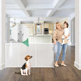 KISKIZ reinforced gate 85in extended demonstrates wide-space safety for pets and kids.