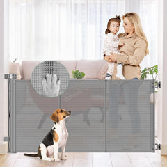 KISKIZ reinforced retractable gate, 30-inch height, providing sturdy stair barrier and family safety.