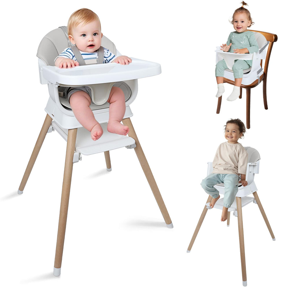 Kisuplus 9-in-1 convertible high chair gray tray enables easy feeding and quick cleanup.