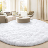 KIXINWA round rug in white offers soft underfoot comfort for bedrooms.