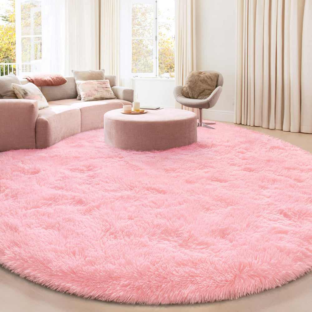 KIXINWA round rug pink close-up shows plush microfiber for cozy feet.