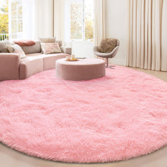 KIXINWA round rug pink close-up shows plush microfiber for cozy feet.