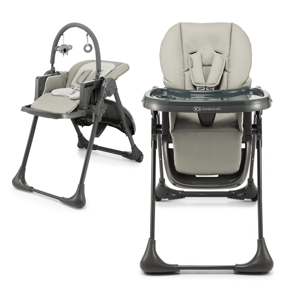 Kinderkraft Tummie folded high chair with tray removed for compact storage.