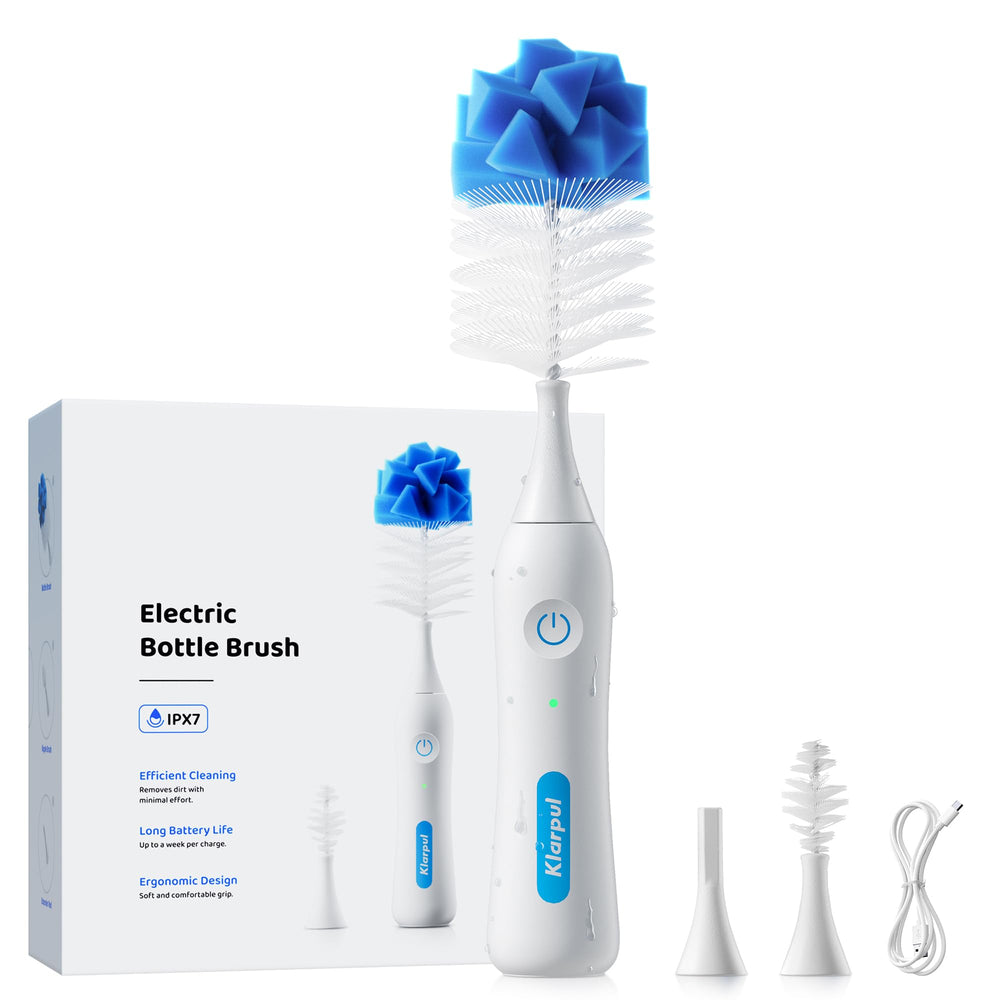 Klarpul electric bottle brush in blue, assembled for quick, thorough bottle cleaning.
