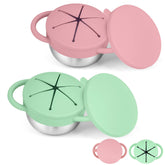 KLCKH 2-pack snack cups for toddlers with spill-proof design, ideal for travel and daycare.