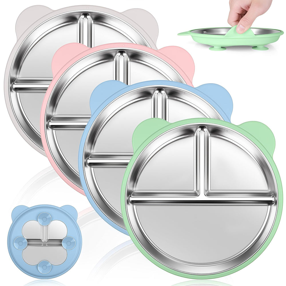 KLCKH 4-pack toddler plates with suction base reduce spills on highchairs and tables.