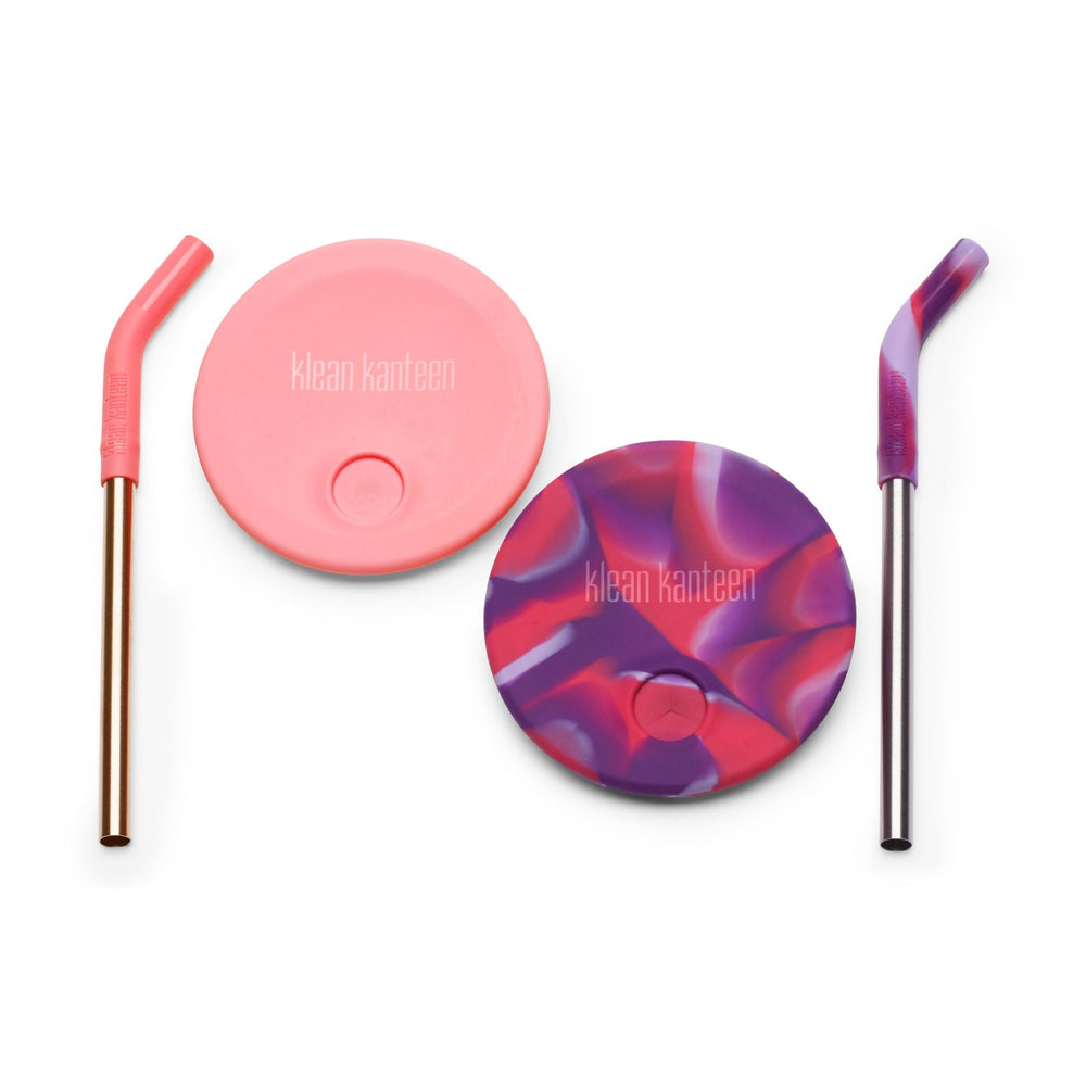 Klean Kanteen Kid's Cup Straw Lid pink tie-dye pack-2 shows two lids for spill-free on-the-go drinking