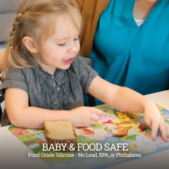 Klean Kids Princess placemat suction stabilizes family mealtime.