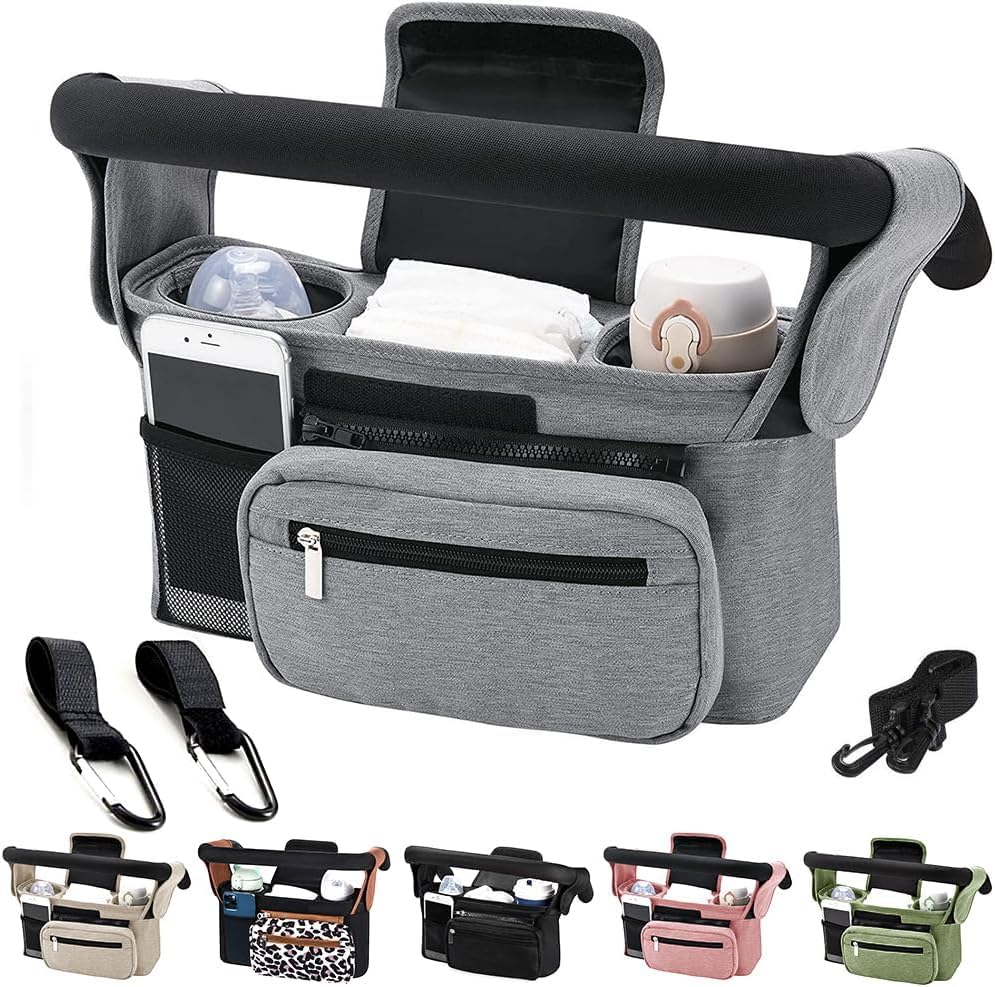 KLERICER Baby Stroller Organizer gray full view with six pockets for on-the-go essentials