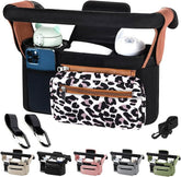 KLERICER Leopard stroller organizer full view showing six-pocket layout for essentials.