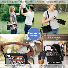 KLERICER Leopard stroller organizer side view highlighting easy attachment and access.