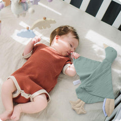 Knirose goose lovey with ribbons tags for tactile exploration.