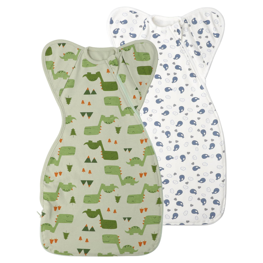 Knirose arms-up sleep sack demonstrates secure, snug fit for calmer sleep.