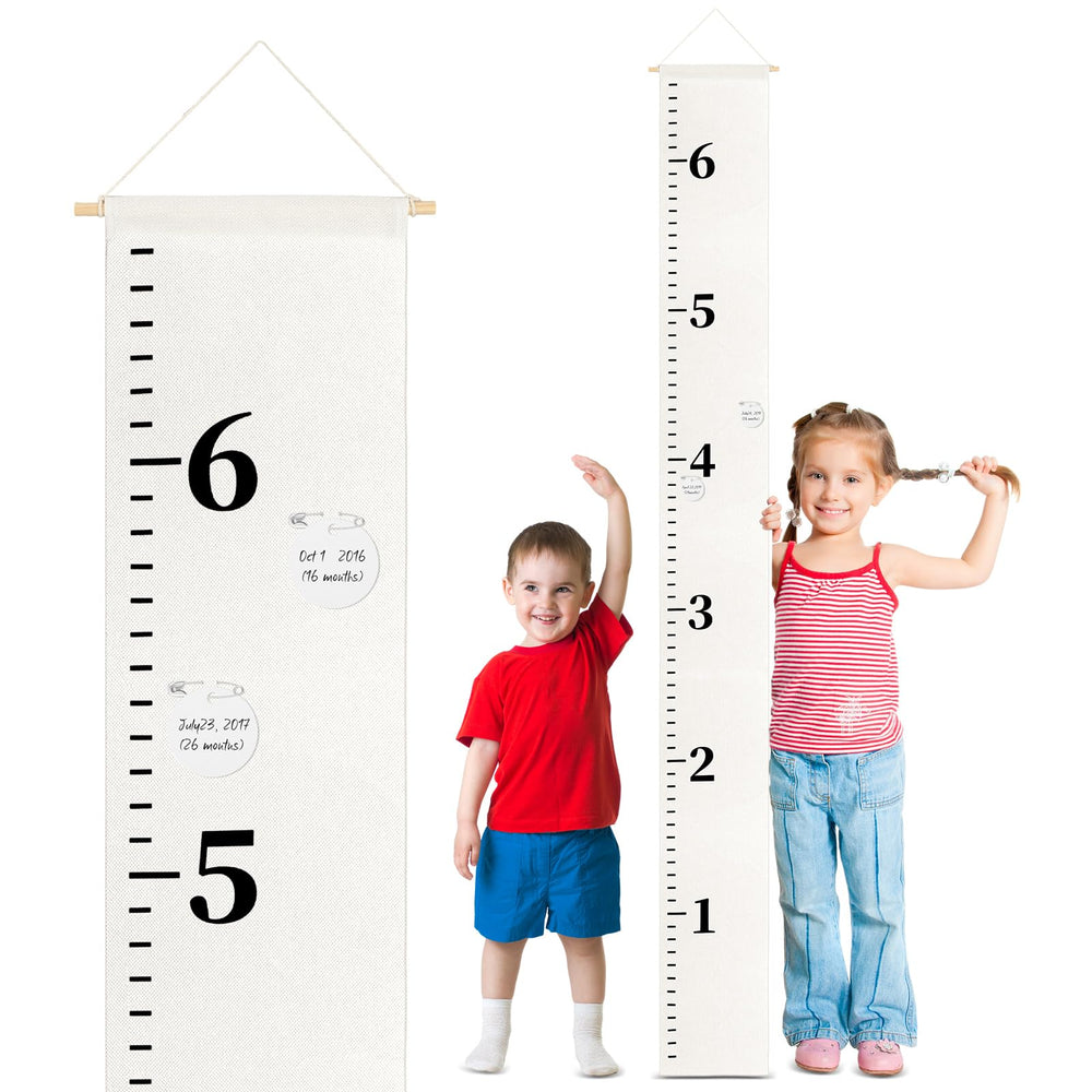 Knitgrip canvas growth chart on wall, 8x79 inches, for easy height tracking and memories.