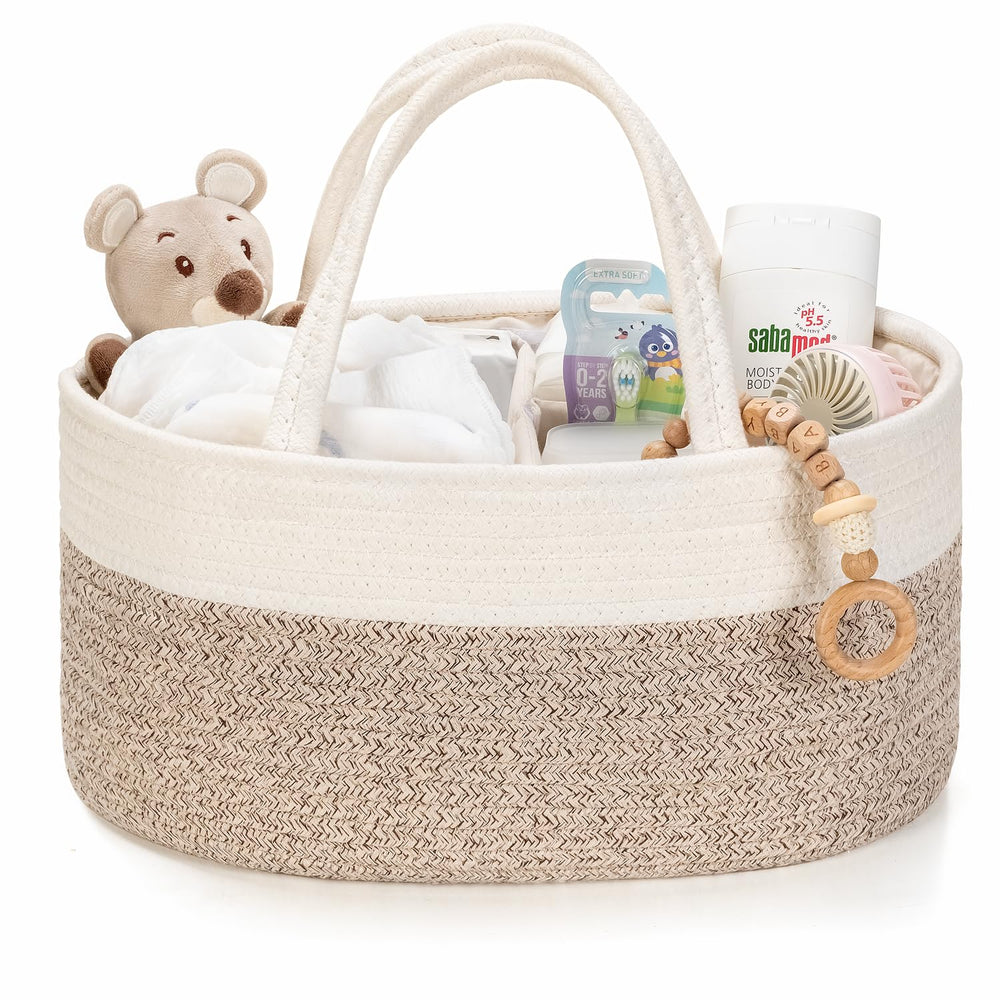 Kodomoore diaper caddy outer view shows easy access to diapers and wipes.