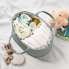 Kodomoore diaper caddy large sage green side view emphasizes portable nursery storage.
