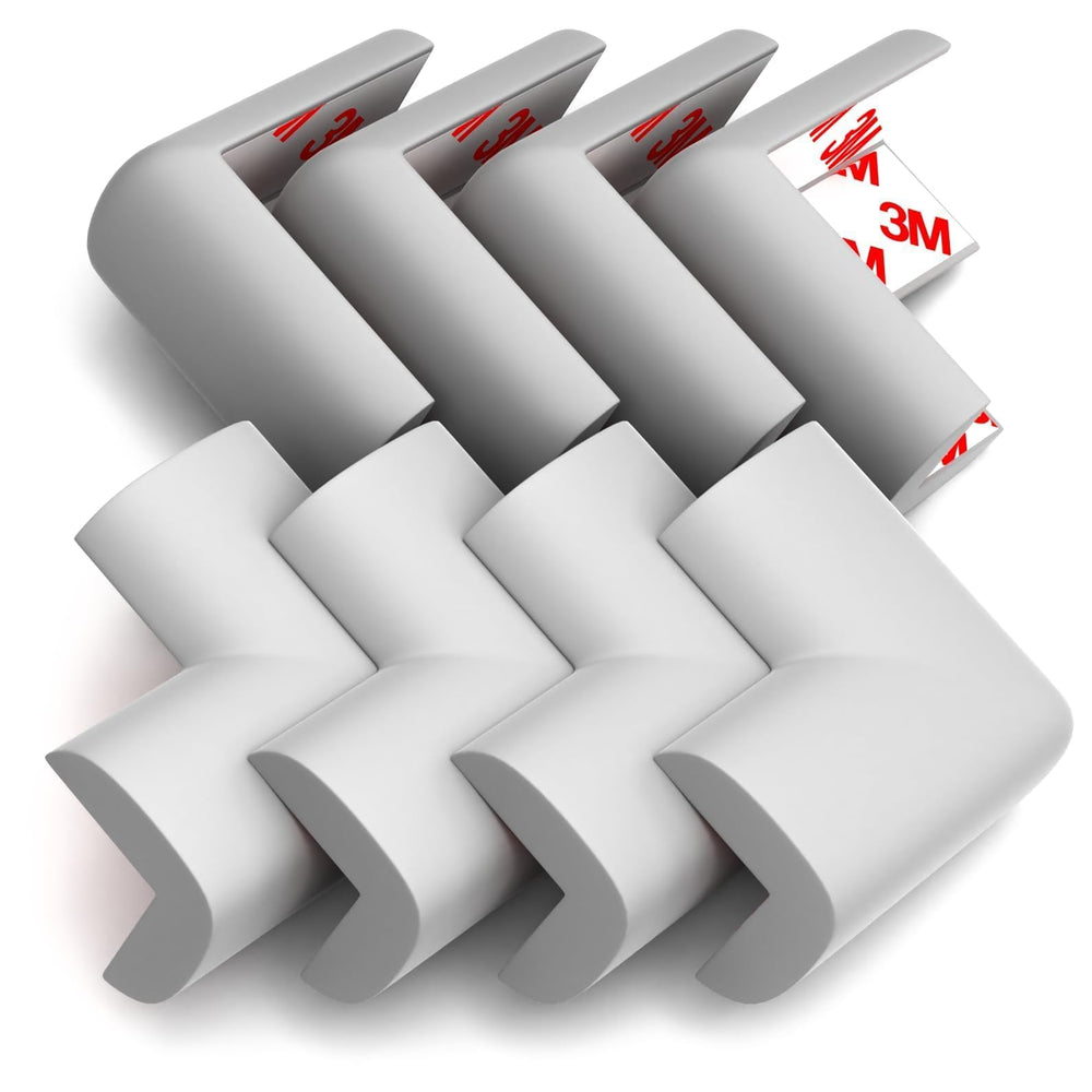 Komfortology corner protectors front view with soft grey cushions for safe furniture corners.