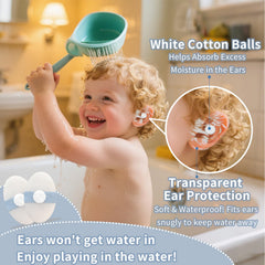 KOMIDK baby ear covers in use during swimming providing waterproof ear protection