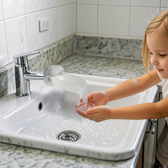 KOMIDK Faucet Extender compatibility diagram demonstrates universal fit for most taps