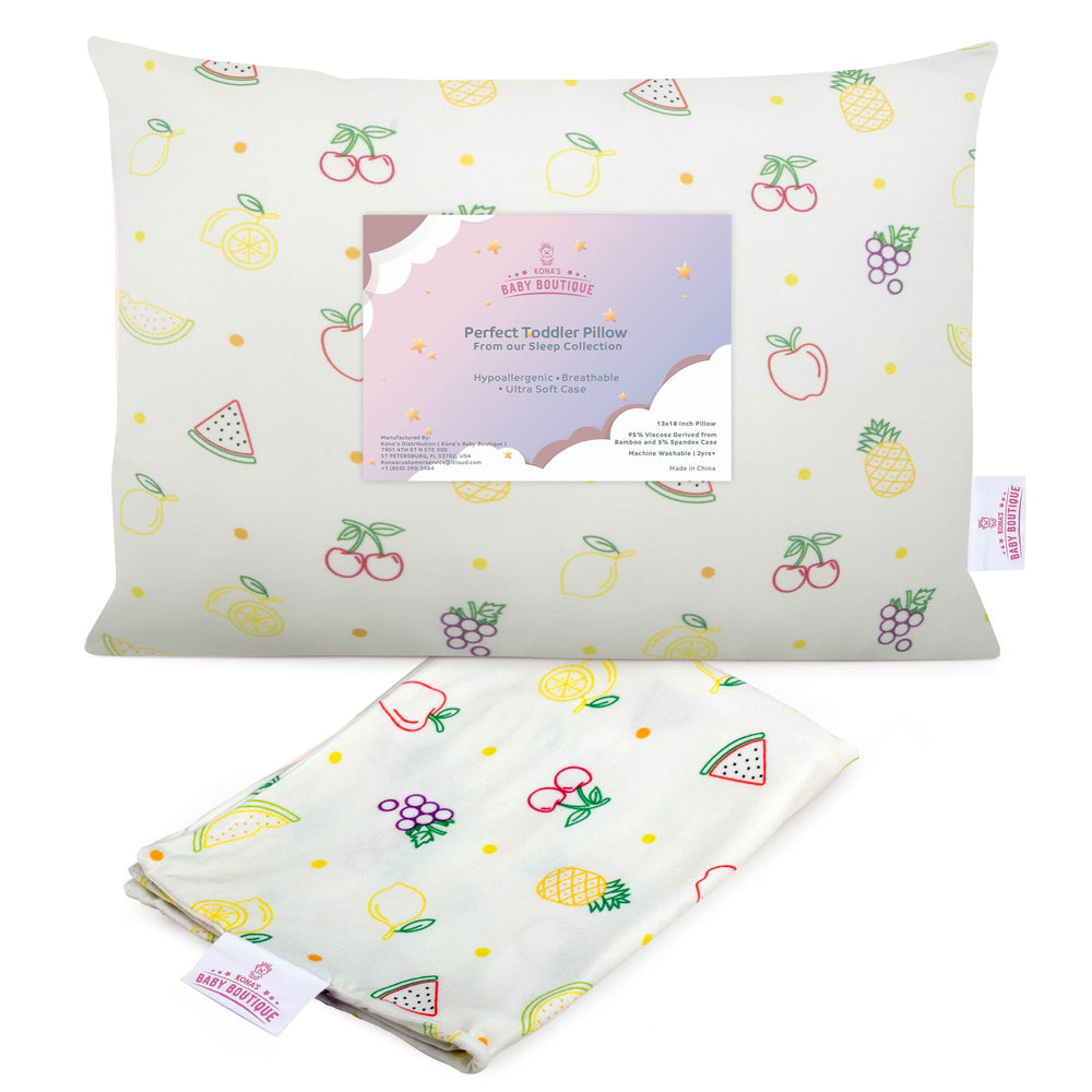 Kona's Baby Boutique toddler pillow packaging highlights soft materials for easy bedtime setup.